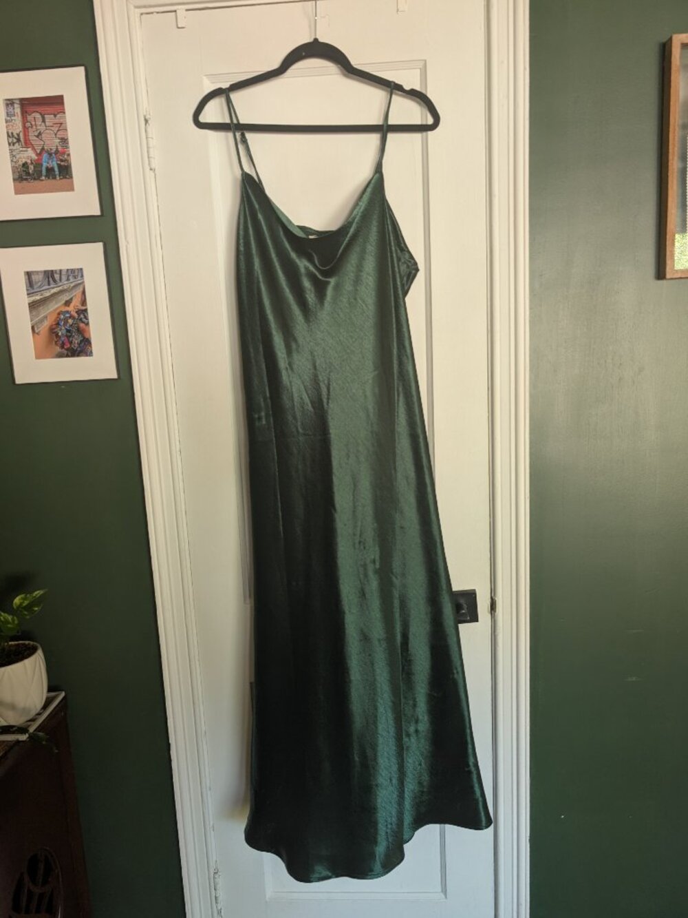 Cowl neck green satin dress